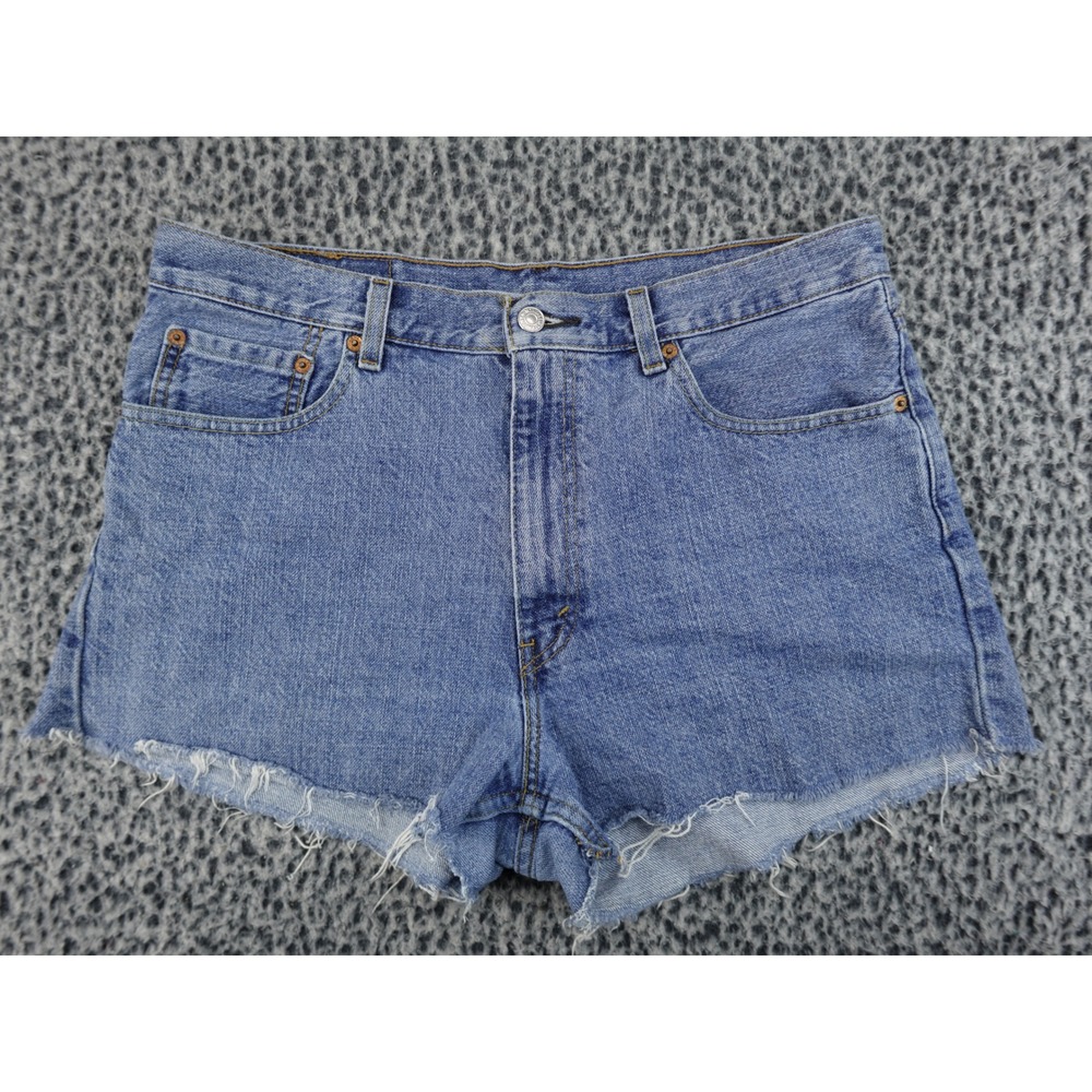 Levis 550 Relaxed Fit Cut Off Denim Shorts Mens W34 Blue Medium Wash Raw Hem